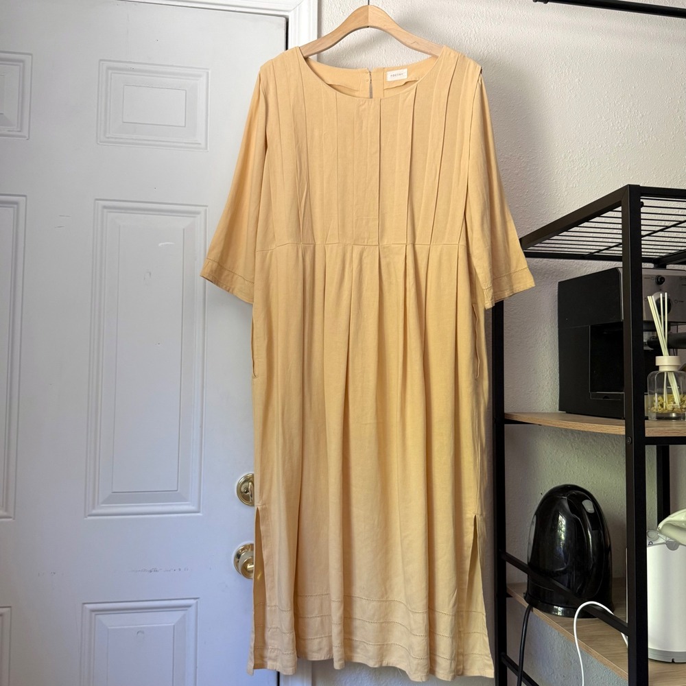 POETRY butter pale yellow pleated lagenlook linen eyelet long sleeve midi dress